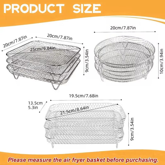 Dimensions and size guide for stackable air fryer racks to ensure perfect fit for round or square baskets.