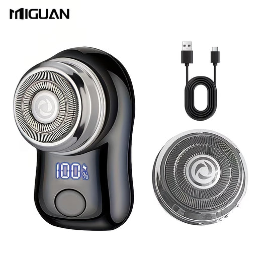 Compact travel razor for men showing the rotary shaving head and protective cap.