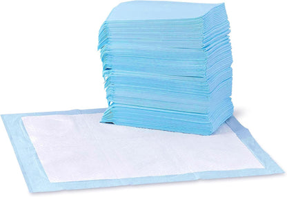 100 count bulk pack of leak-proof dog pee pads for puppy training and home hygiene.