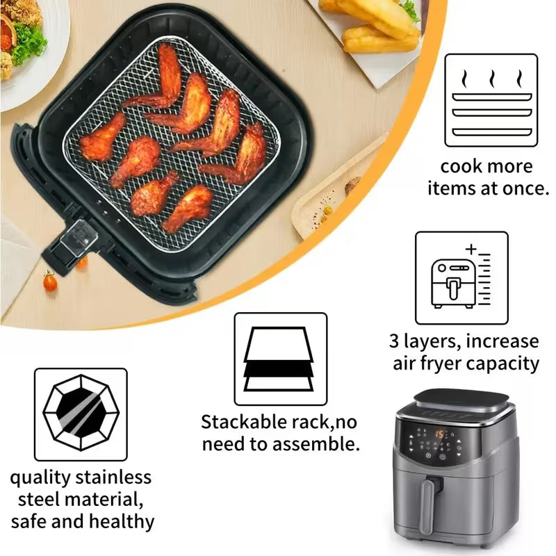 Air fryer accessories showing crispy snacks cooked perfectly using multi-level stackable racks.