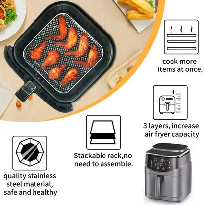 Air fryer accessories showing crispy snacks cooked perfectly using multi-level stackable racks.