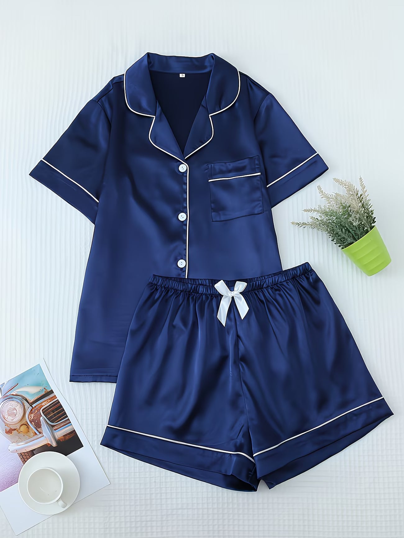 Women's Satin Pajama Set - Short Sleeve Button-Up & Shorts Loungewear