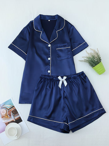 Women's Satin Pajama Set - Short Sleeve Button-Up & Shorts Loungewear
