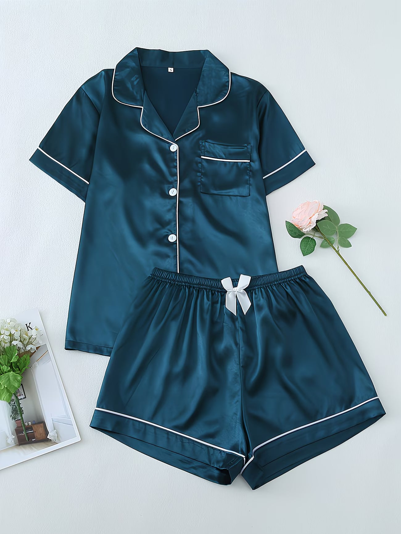 Women's Satin Pajama Set - Short Sleeve Button-Up & Shorts Loungewear