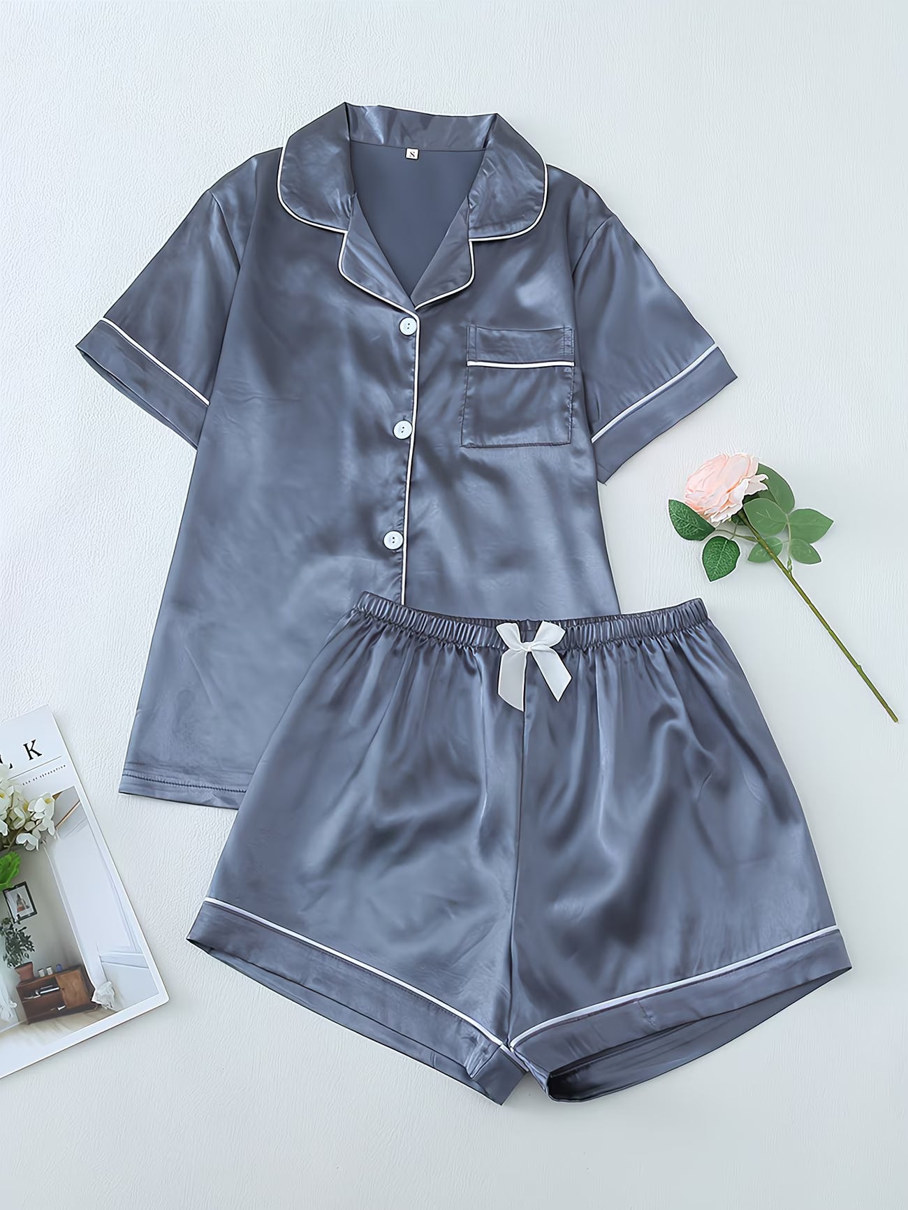 Women's Satin Pajama Set - Short Sleeve Button-Up & Shorts Loungewear