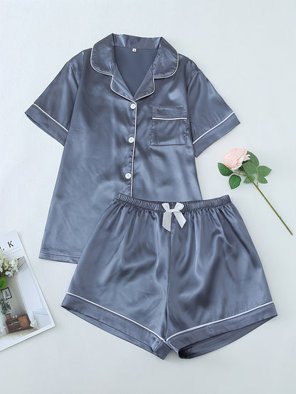 Women's Satin Pajama Set - Short Sleeve Button-Up & Shorts Loungewear