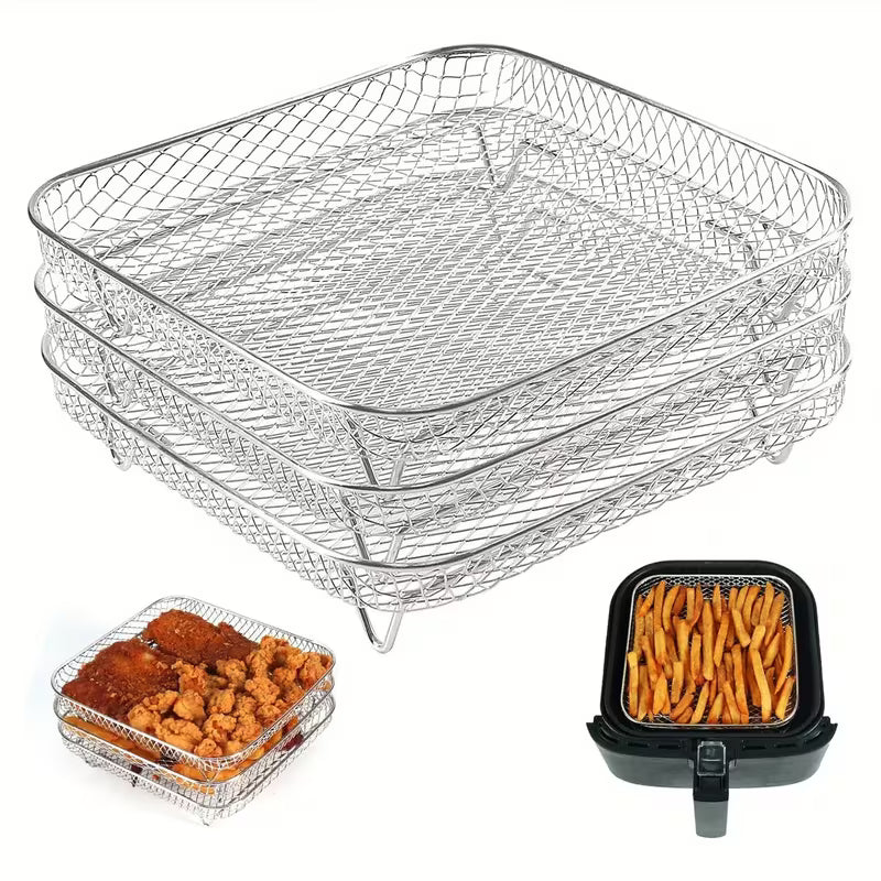 3-tier air fryer rack design showing how to layer food for even airflow and faster cooking times.