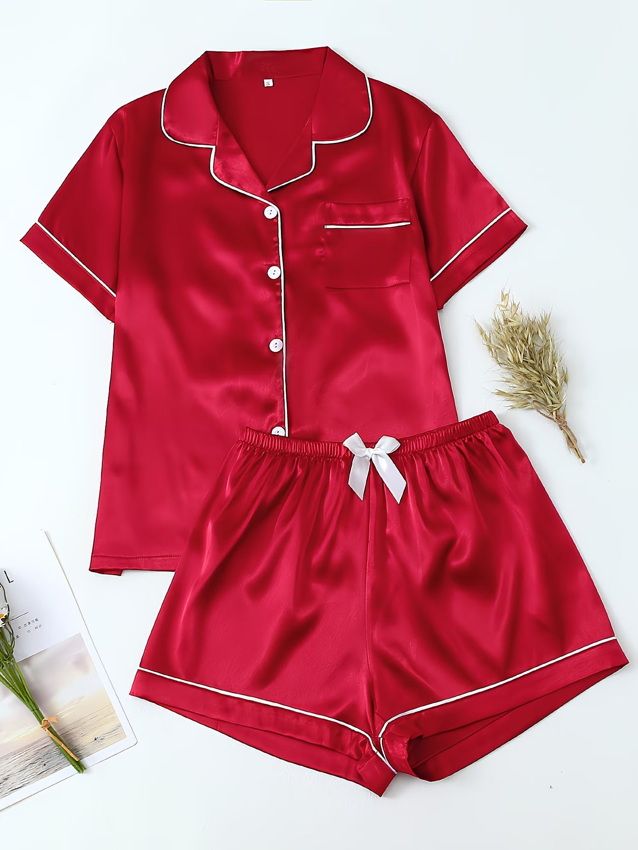 Women's Satin Pajama Set - Short Sleeve Button-Up & Shorts Loungewear
