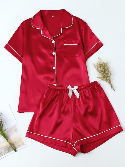 Women's Satin Pajama Set - Short Sleeve Button-Up & Shorts Loungewear
