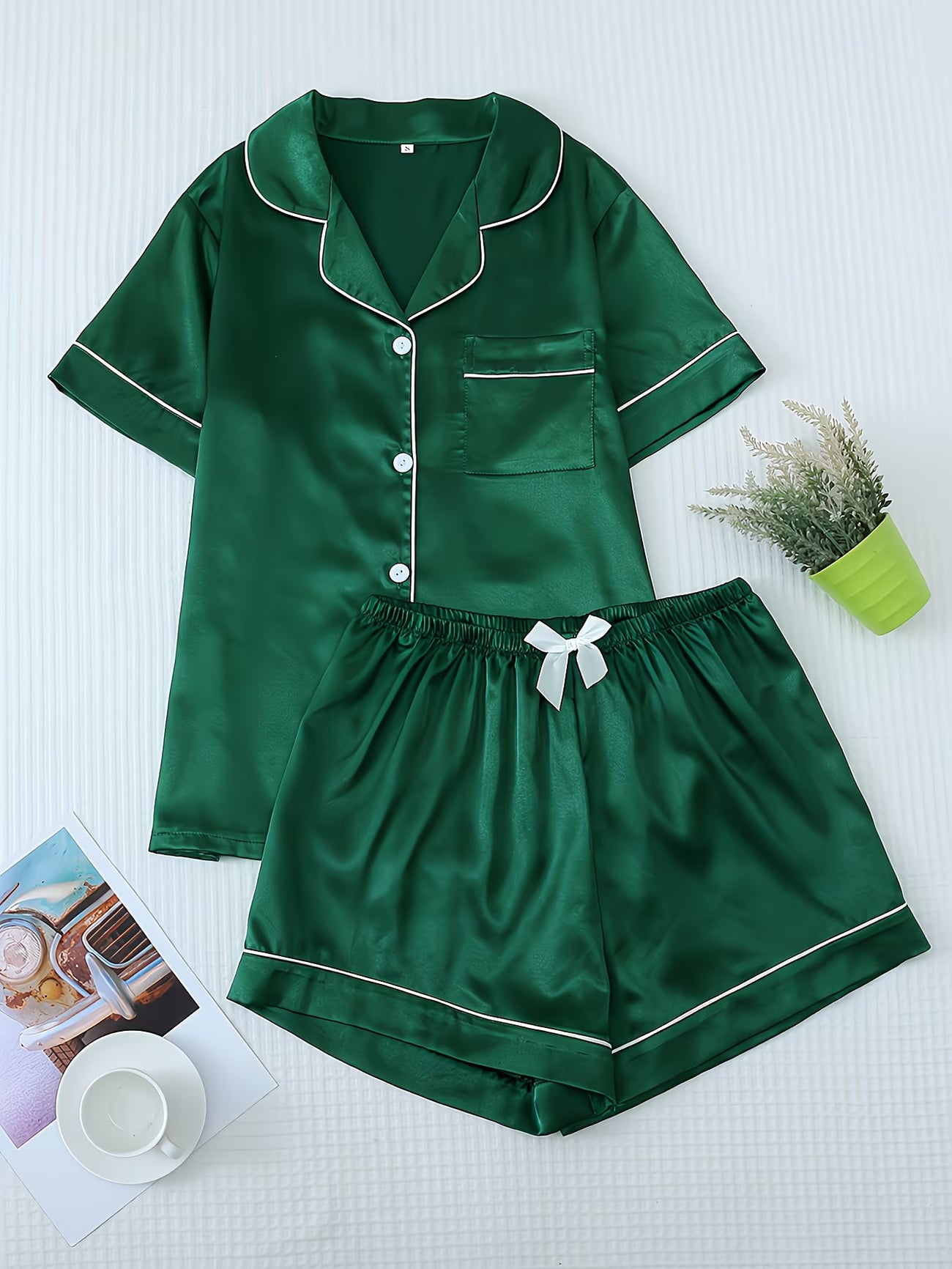 Women's Satin Pajama Set - Short Sleeve Button-Up & Shorts Loungewear