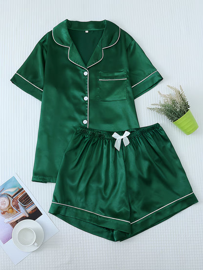 Women's Satin Pajama Set - Short Sleeve Button-Up & Shorts Loungewear