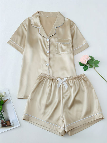 Women's Satin Pajama Set - Short Sleeve Button-Up & Shorts Loungewear