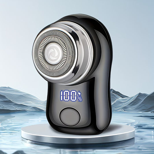 Portable men's electric shaver with sleek black design and LED digital battery display.