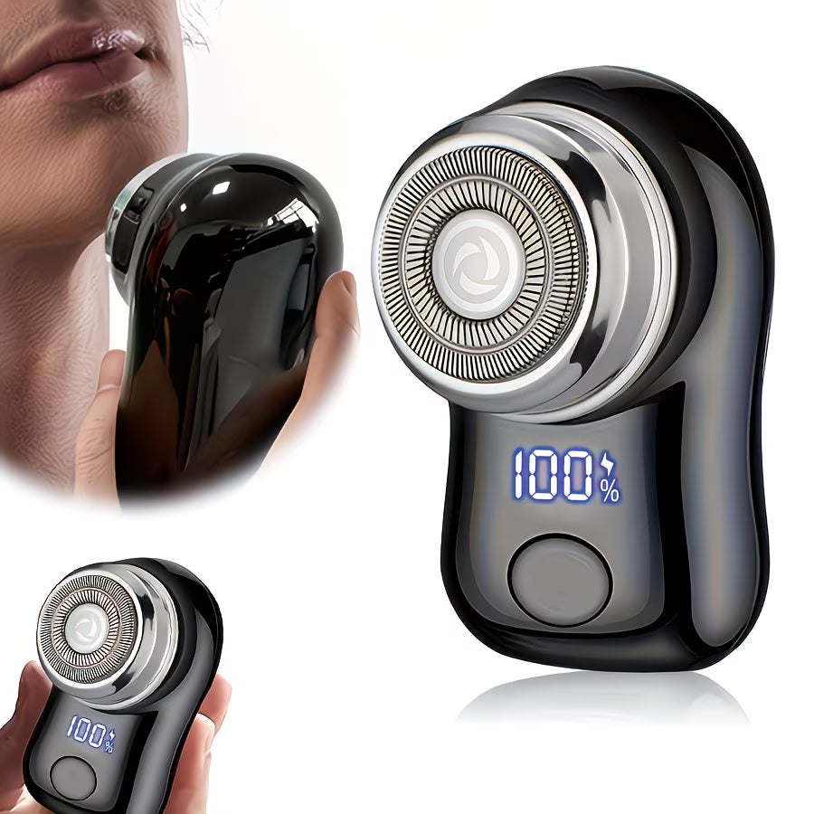 Waterproof rotary shaver head being cleaned under running water for easy maintenance.