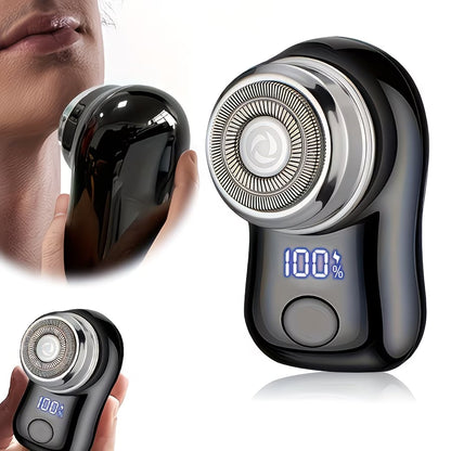 Waterproof rotary shaver head being cleaned under running water for easy maintenance.