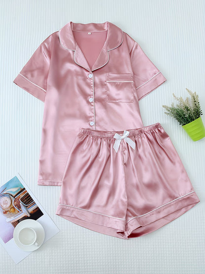 Women's Satin Pajama Set - Short Sleeve Button-Up & Shorts Loungewear
