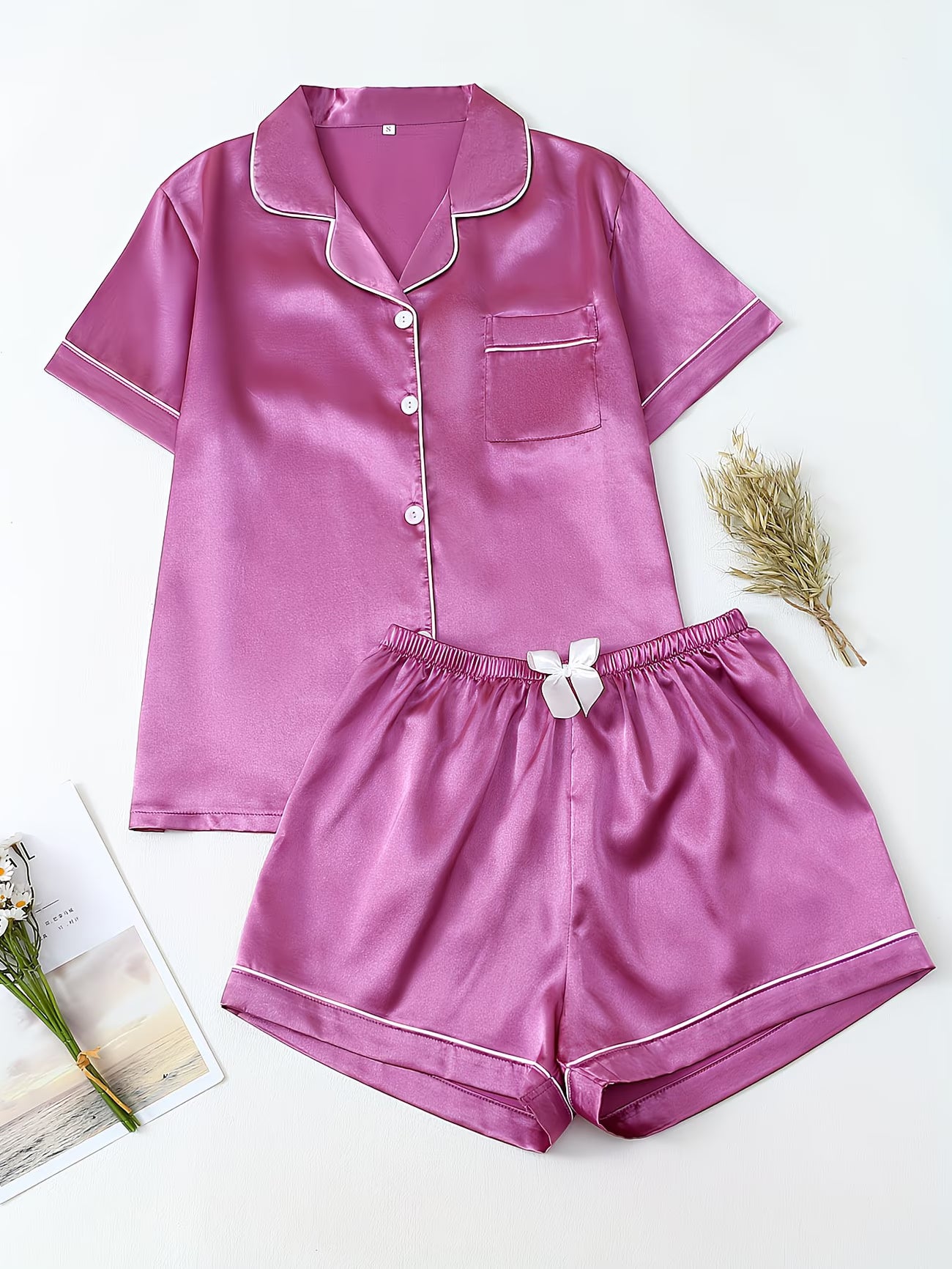 Women's Satin Pajama Set - Short Sleeve Button-Up & Shorts Loungewear