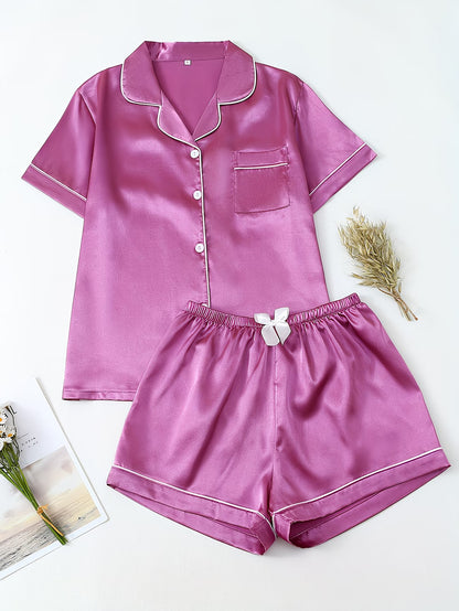 Women's Satin Pajama Set - Short Sleeve Button-Up & Shorts Loungewear