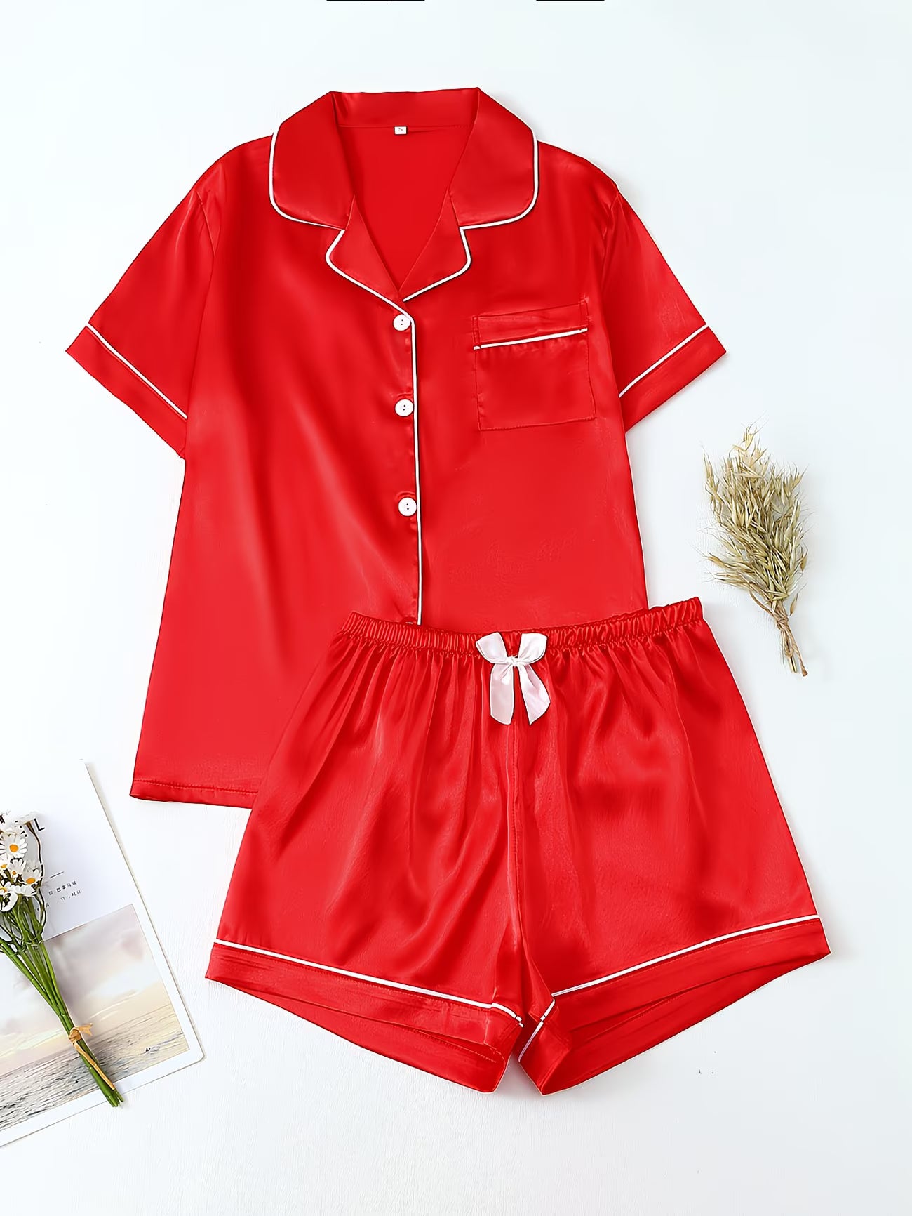 Women's Satin Pajama Set - Short Sleeve Button-Up & Shorts Loungewear