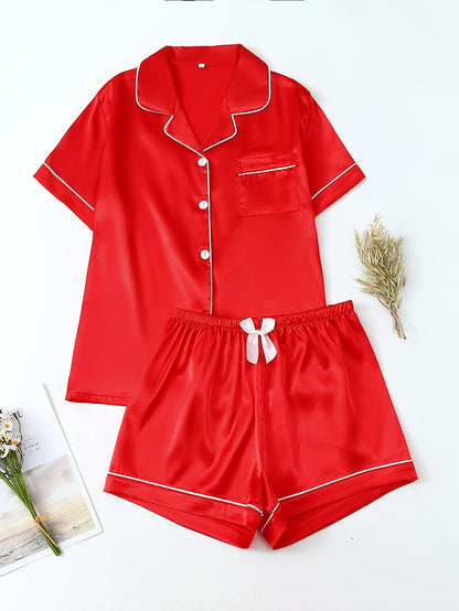 Women's Satin Pajama Set - Short Sleeve Button-Up & Shorts Loungewear