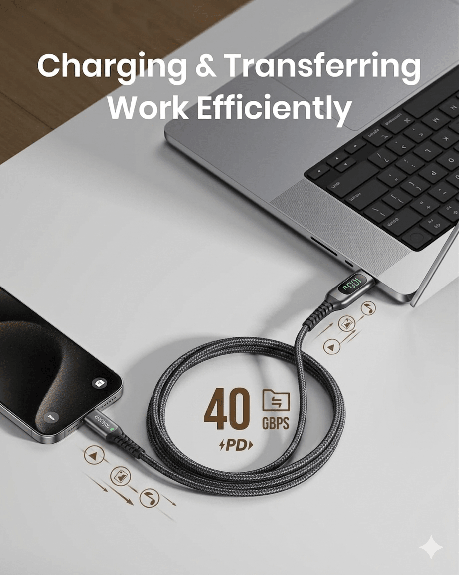 Extra long 2-meter braided Type C cable perfect for home, office, or bedside charging convenience.