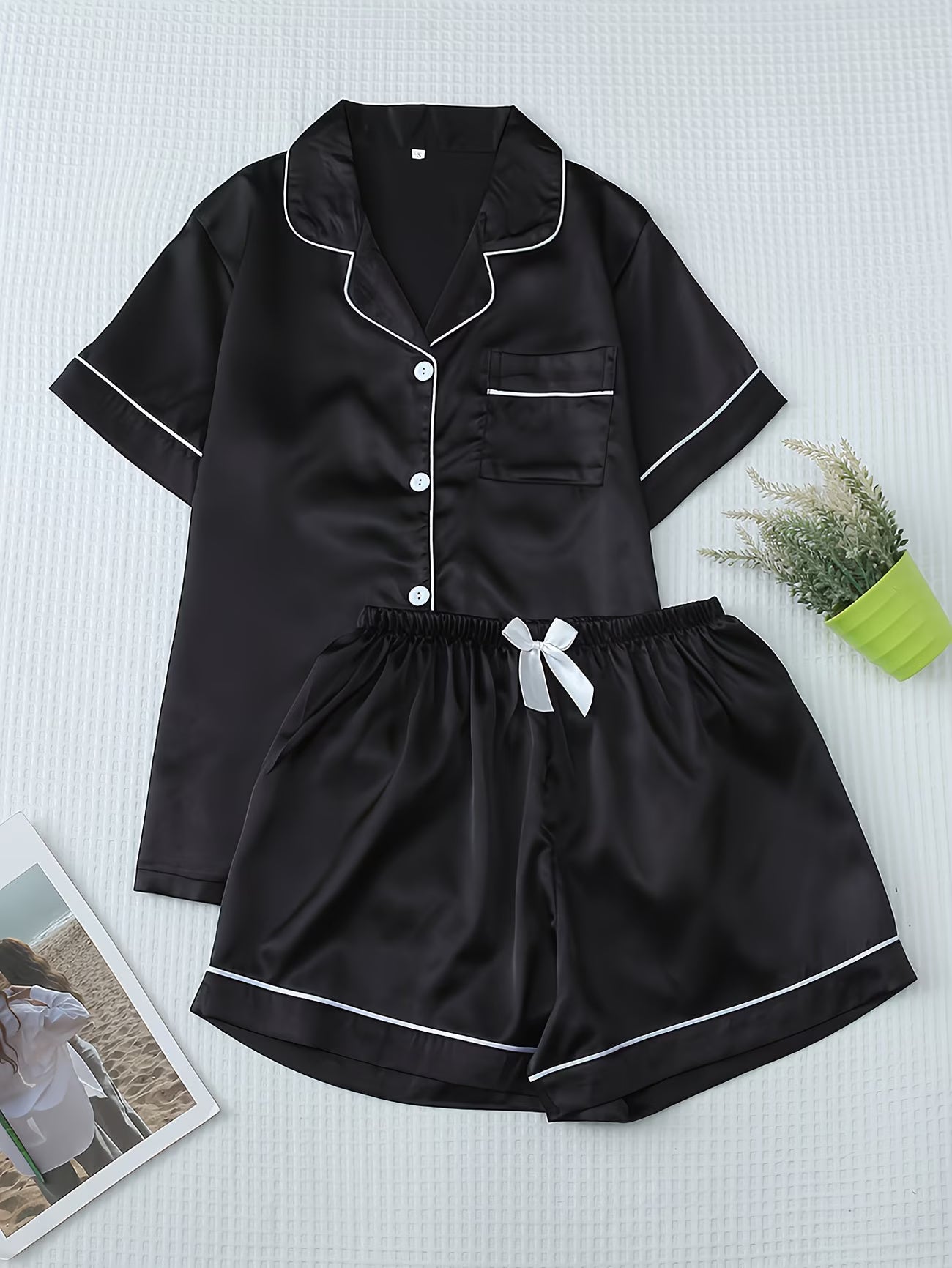 Women's Satin Pajama Set - Short Sleeve Button-Up & Shorts Loungewear