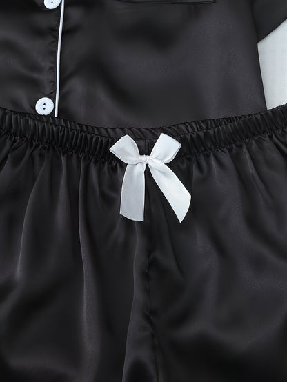 Women's Satin Pajama Set - Short Sleeve Button-Up & Shorts Loungewear