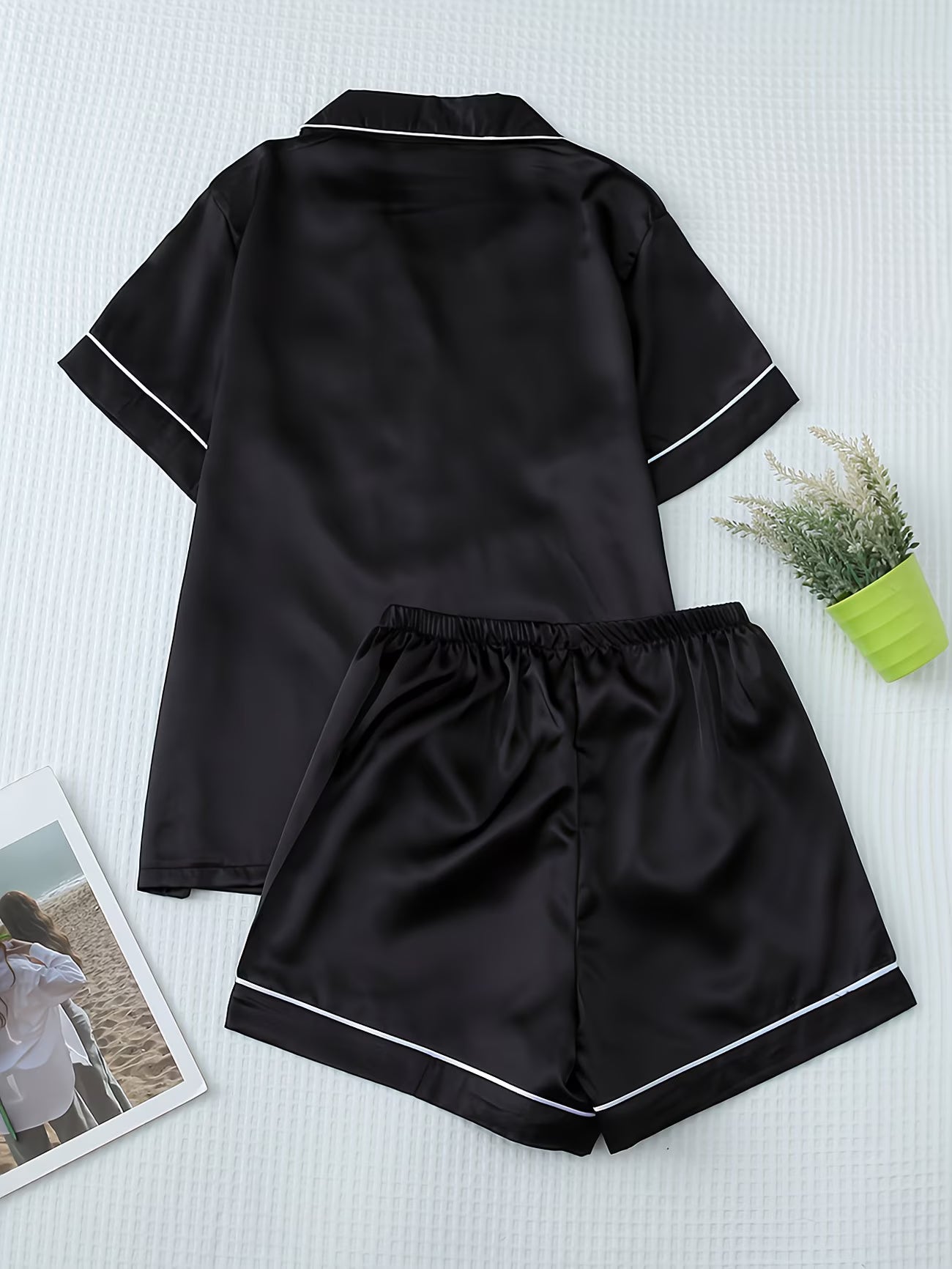 Women's Satin Pajama Set - Short Sleeve Button-Up & Shorts Loungewear
