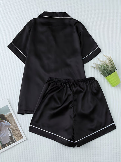 Women's Satin Pajama Set - Short Sleeve Button-Up & Shorts Loungewear